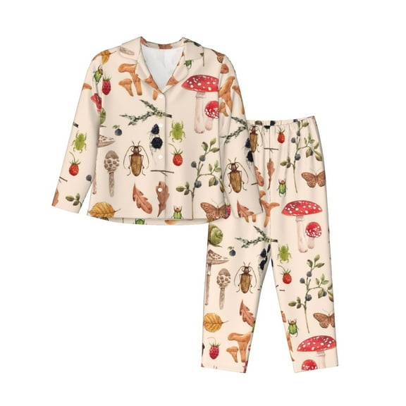Junzan Retro Autum Mushrooms Print Womens Pajama Sets,Long Sleeve Button Down For Women Pjs 2 Piece