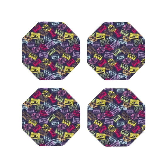 Junzan Retro Cassette Music Print Coasters for Drinks - Leather Coasters Set of 4 for Coffee Table for Housewarming/Kitchen/Bar/Decor-Octagon
