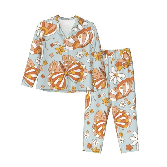 Junzan Retro Floral Butterfly Print Womens Pajama Sets,Long Sleeve Button Down For Women Pjs 2 Piece