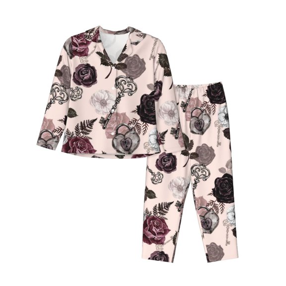 Junzan Retro Red Black Roses Print Womens Pajama Sets,Long Sleeve Button Down For Women Pjs 2 Piece