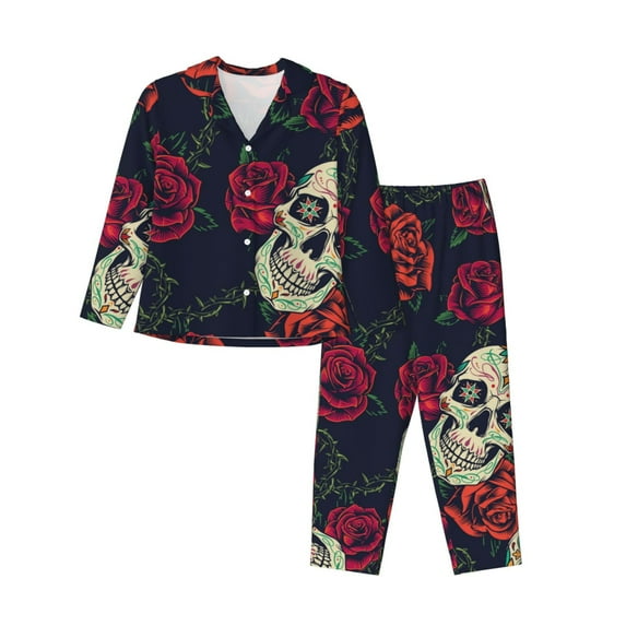 Junzan Roses Skulls Print Womens Pajama Sets,Long Sleeve Button Down For Women Pjs 2 Piece