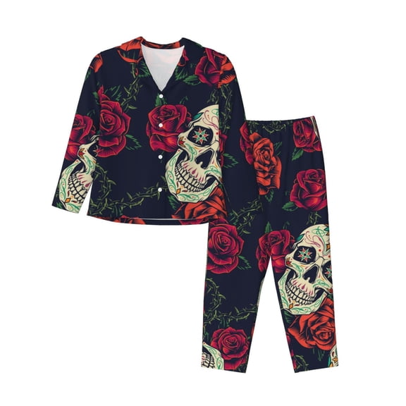Junzan Roses Skulls Print Womens Pajama Sets,Long Sleeve Button Down For Women Pjs 2 Piece