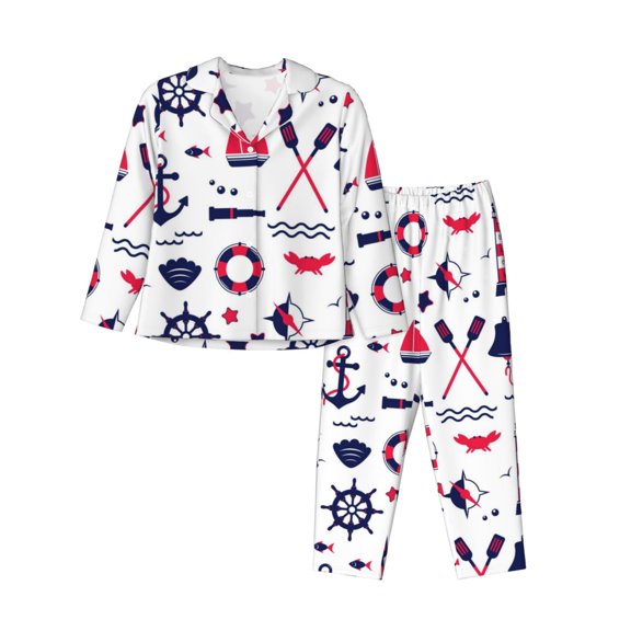 Junzan Sailing Marine Travel Print Womens Pajama Sets,Long Sleeve Button Down For Women Pjs 2 Piece