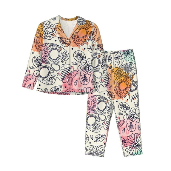 Junzan Skull And Flowers Print Womens Pajama Sets,Long Sleeve Button Down For Women Pjs 2 Piece
