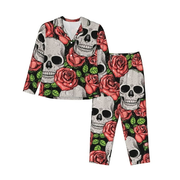 Junzan Skull And Roses Print Womens Pajama Sets,Long Sleeve Button Down For Women Pjs 2 Piece