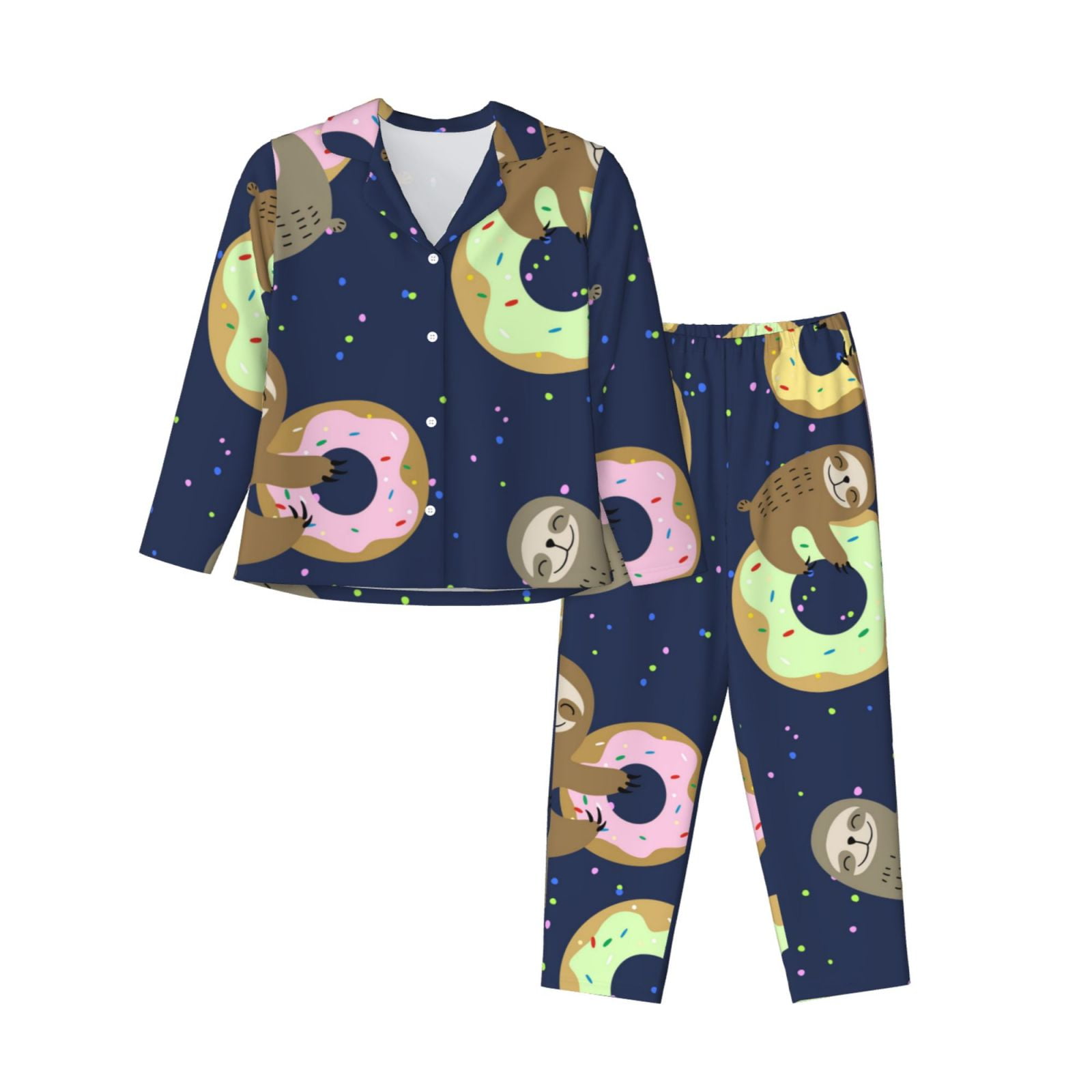 Junzan Sloth With Donuts Print Womens Pajama Sets,Long Sleeve Button ...