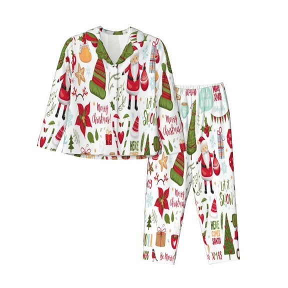 Junzan Snowflakes Santa Claus Print Womens Pajama Sets,Long Sleeve Button Down For Women Pjs 2 Piece