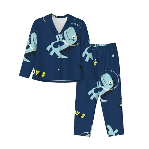Junzan Space Dinosaur Print Womens Pajama Sets,Long Sleeve Button Down For Women Pjs 2 Piece