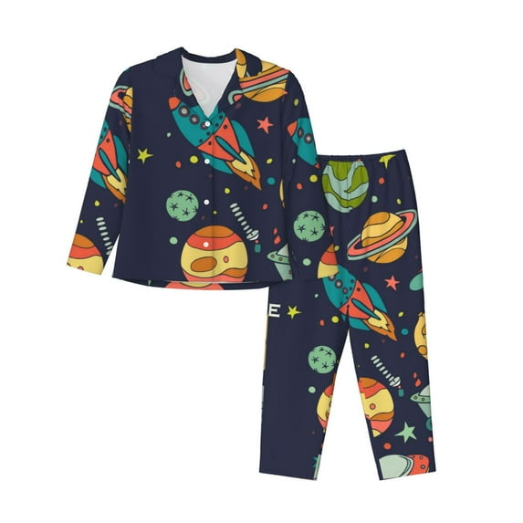 Junzan Space Print Womens Pajama Sets,Long Sleeve Button Down For Women Pjs 2 Piece