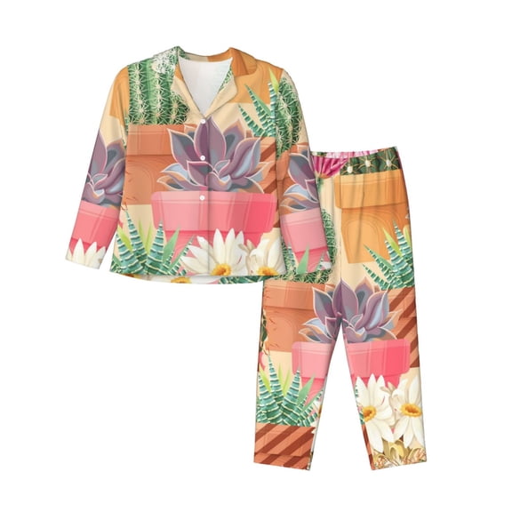 Junzan Succulent And Cactus Print Womens Pajama Sets,Long Sleeve Button Down For Women Pjs 2 Piece