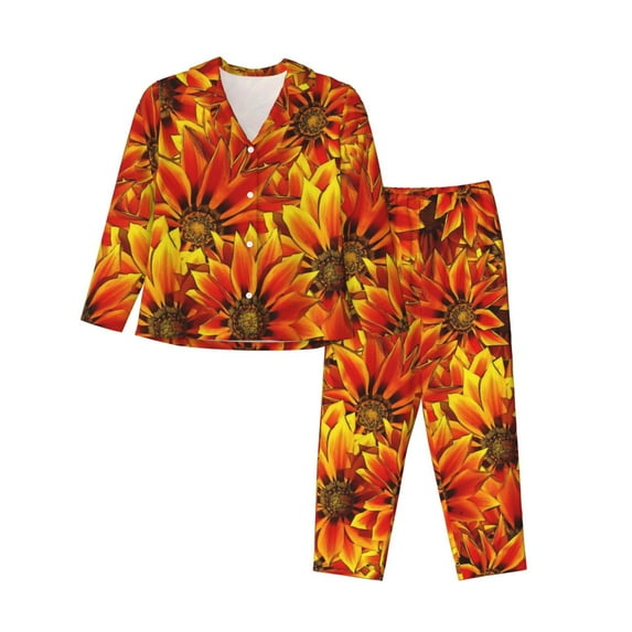 Junzan Sunflower4 Print Womens Pajama Sets,Long Sleeve Button Down For Women Pjs 2 Piece