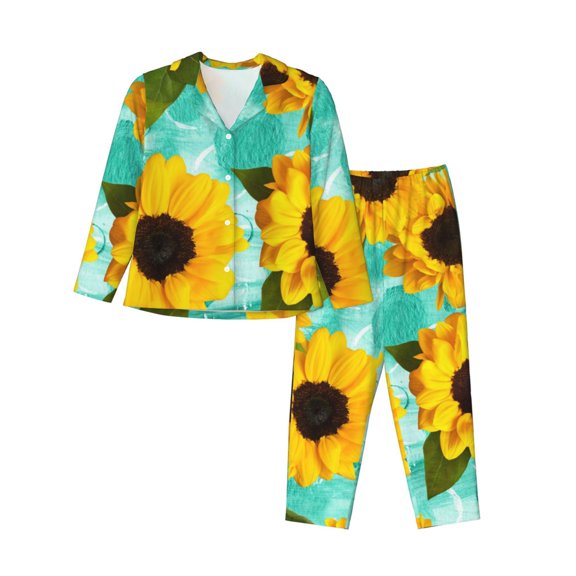 Junzan Sunflowers With Green Leaves Print Womens Pajama Sets,Long Sleeve Button Down For Women Pjs 2 Piece