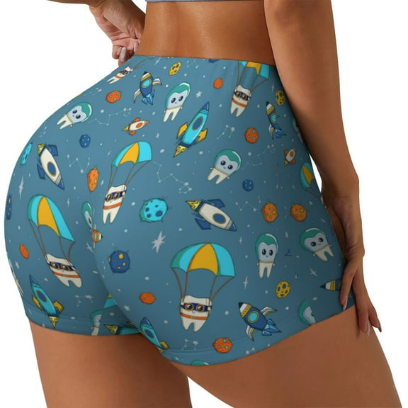 Junzan Teeth Cosmonaut Pattern Women Workout Impact Shorts,Scrunch Short Gym Yoga Running Sport Scrunch Butt Lifting Shorts-Small