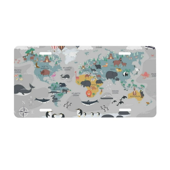 Junzan The World Map With Cartoon Animals Front License Plate Covers Decorative Car Metal Plates Novelty License Plate 6 X 12 Inch For Women Men