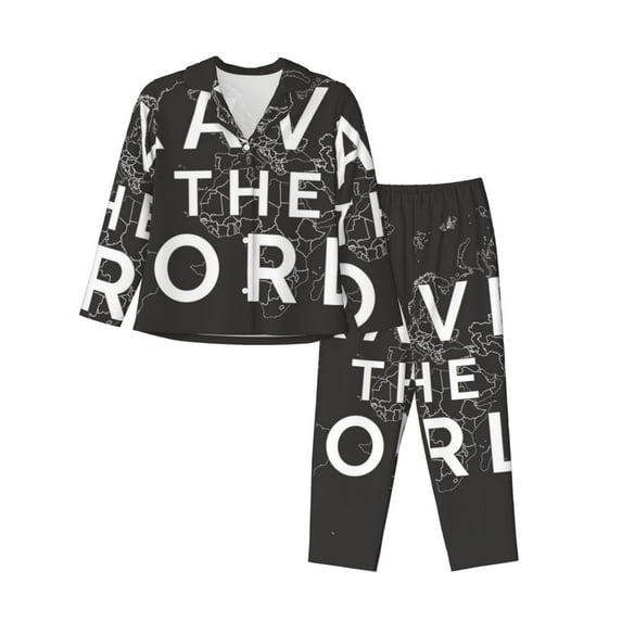 Junzan Travel The World1 Print Womens Pajama Sets,Long Sleeve Button Down For Women Pjs 2 Piece