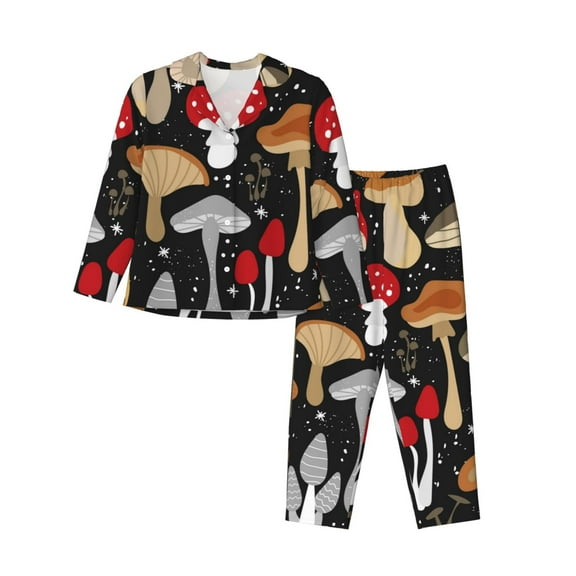 Junzan Various Mushrooms Print Womens Pajama Sets,Long Sleeve Button Down For Women Pjs 2 Piece