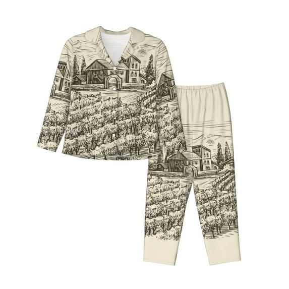 Junzan Vineyard Landscape Print Womens Pajama Sets,Long Sleeve Button Down For Women Pjs 2 Piece