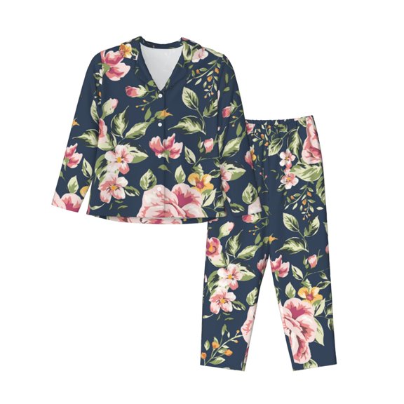 Junzan Vintage Floral Print Womens Pajama Sets,Long Sleeve Button Down For Women Pjs 2 Piece