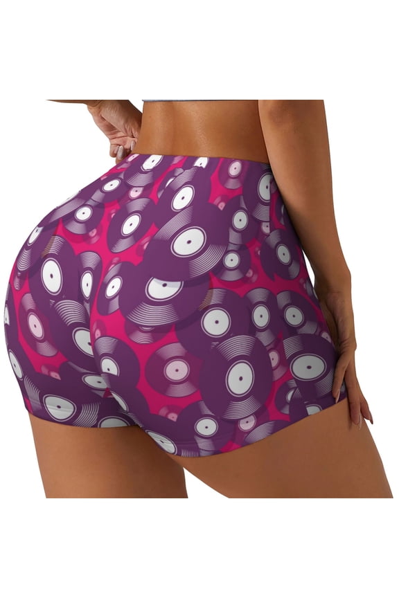 Vintage Vinyl Record Pattern Women Workout Impact Shorts,Scrunch Short Gym Yoga Running Sport Scrunch Butt Lifting Shorts-Small