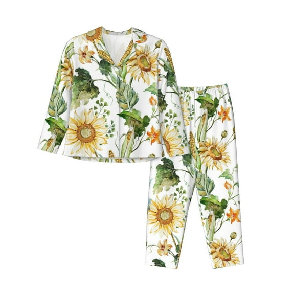Junzan Watercolor Bright Sunflowers Print Womens Pajama Sets,Long Sleeve Button Down For Women Pjs 2 Piece