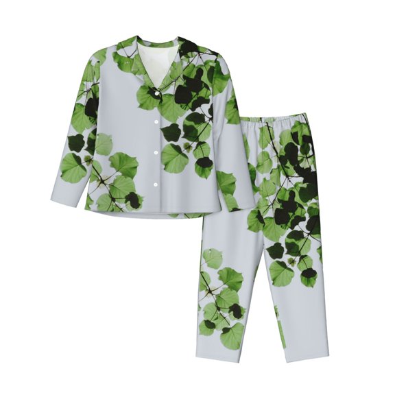 Junzan Watercolor Green Leaves Print Womens Pajama Sets,Long Sleeve Button Down For Women Pjs 2 Piece