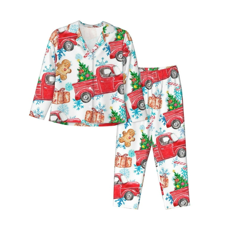 Junzan Watercolor Red Truck And Fir Tree Print Womens Pajama Sets Long Sleeve Button Down For Women Pjs 2 Piece