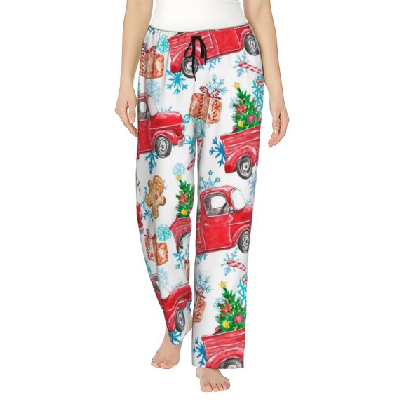 Junzan Watercolor Red Truck And Fir Tree Women'S Pajama Pants Drawstring Comfy Sleep Bottoms With Pockets