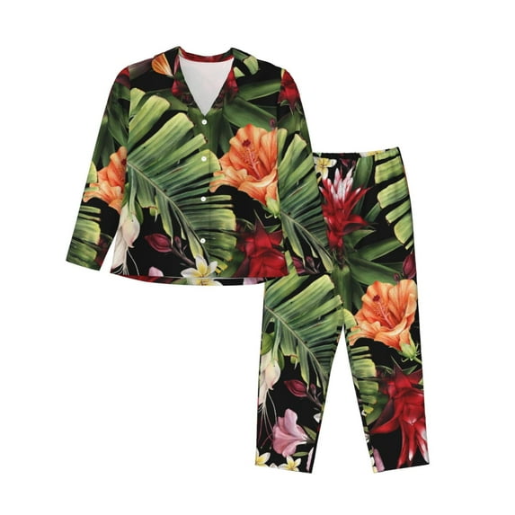 Junzan Watercolor Tropical Flowers Print Womens Pajama Sets,Long Sleeve Button Down For Women Pjs 2 Piece