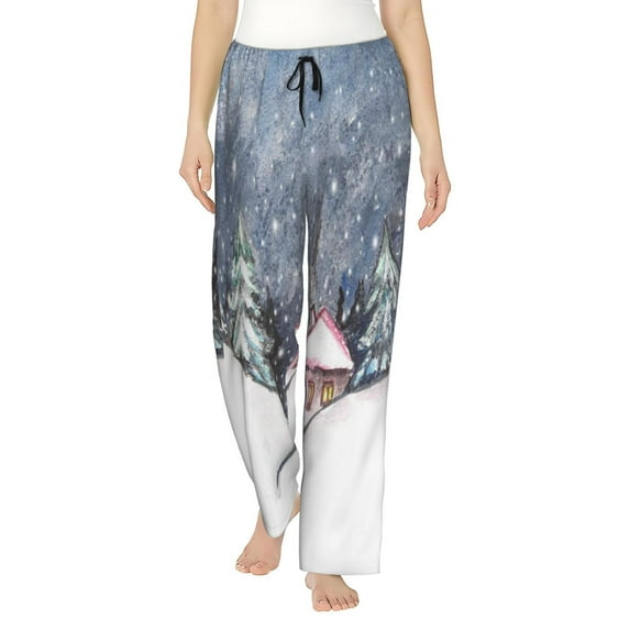 Junzan Watercolor Winter Landscape For Christmas Women'S Pajama Pants Drawstring Comfy Sleep Bottoms With Pockets