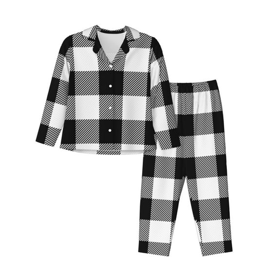 Junzan White And Black Plaid Print Womens Pajama Sets,Long Sleeve Button Down For Women Pjs 2 Piece