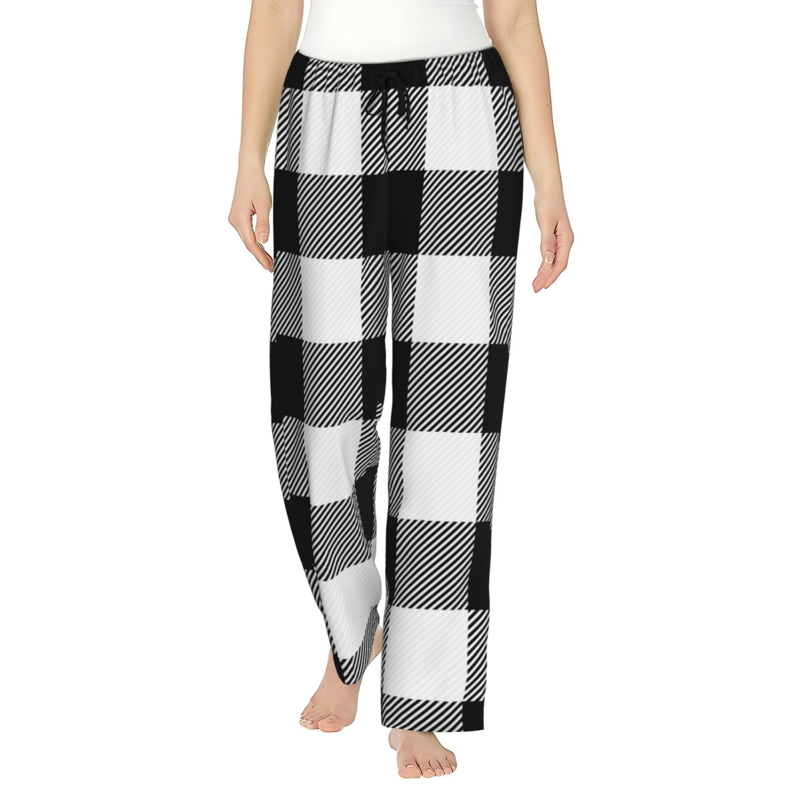 DEVOPS 2 Pack Women's Buffalo Plaid Plush Fleece Pajama Pants Sleepwear  (Small, White/Royal Black) 
