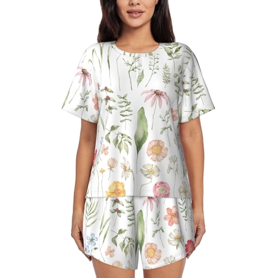 Junzan Wildflower Watercolor 2 for Short-Sleeved Pajama Set for Women,2 Piece Short Sleeve Crew Neck Sleepwear Set Summer Pajamas Set Lounge Sets 2-Piece Pj-X-Large