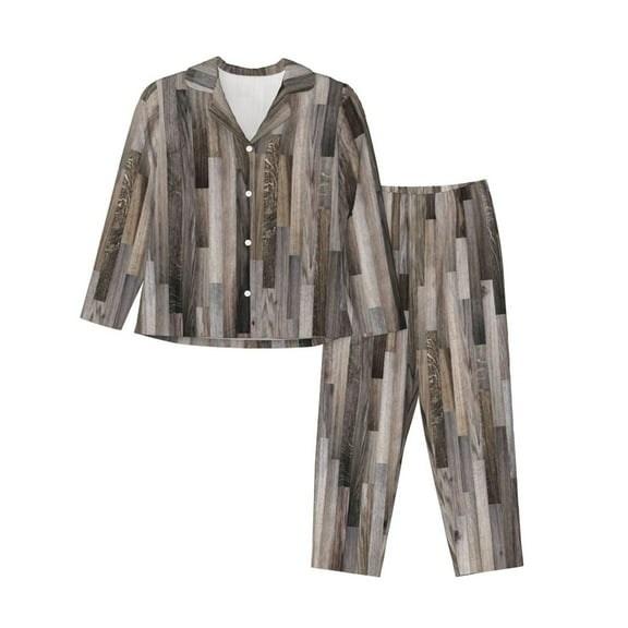 Junzan Wooden Texture Print Womens Pajama Sets,Long Sleeve Button Down For Women Pjs 2 Piece