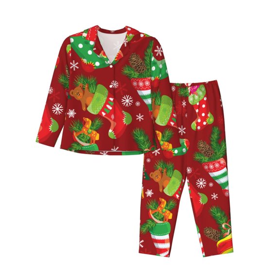 Junzan X-Mas And New Year Print Womens Pajama Sets,Long Sleeve Button Down For Women Pjs 2 Piece