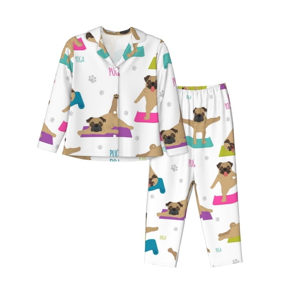 Junzan Yoga Dogs Poses Print Womens Pajama Sets,Long Sleeve Button Down For Women Pjs 2 Piece