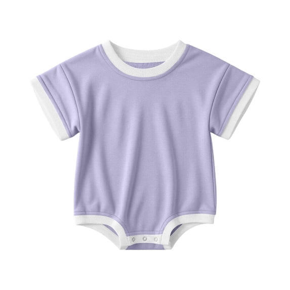 Juorvia 0-18m Crawling Romper Bodysuit Summer Short Sleeve Crew Neck Ribbed Snap Crotch Color Spliced(12-18 Months,Purple)