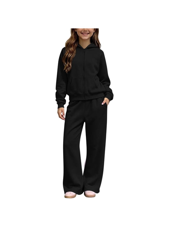 2 Piece Sweatsuit for Girls Tween Lightweight Fleece Zip up Hoodies Elastic Waist Wide Leg Pants(7-8 Years,Black)