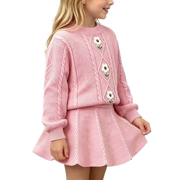 Juorvia Back to School Outfits for Girls 2pc Cable Knitted Textured Loose Fitted Sweater Pleated Skirt(1-2 Years,Pink)