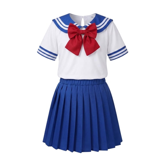 Juorvia Back to School Outfits for Girls 3pc Sailor Collar T-Shirts Pleated Mini Skirt Set with Bow Matching(9-10 Years,Blue)