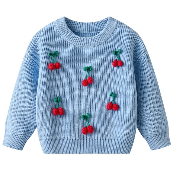Juorvia Fall Sweaters for Girls Toddler Kids Knitted Pullover Loose Fitted Crew Neck Embroidery Fall Tops(5-6 Years,Sky Blue)