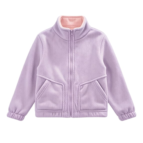 Juorvia Fleece Jacket for Girls Loose Fitted Stand Collared Elastic Cuffs Zip-Up Outerwear with Pockets(9-10Years,Purple)