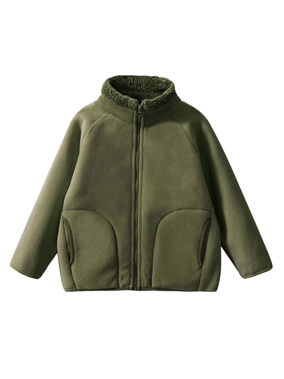 Full Zip Jacket for Kids Unisex Fleece Loose Fitted Stand Collared Outerwear with Pockets(8-9 Years,Army Green)