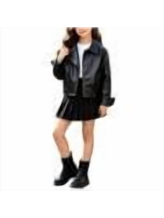 Girl's Motorcycle Leather Jacket Collared Loose Fitted Cropped Fall Coat Outerwear Solid Color(11-12 Years,Black)