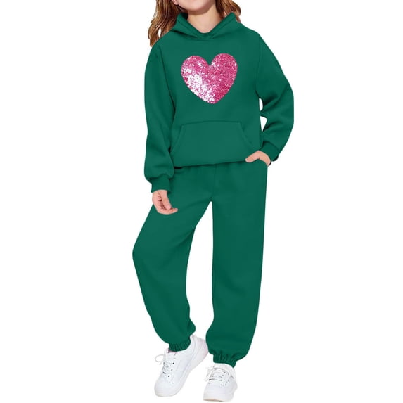 Juorvia Girls 2 Piece Outfits Loungewear Fleece Loose Fitted Stripe Crew Neck Tops Trousers with Pockets(2-3Years,Green)