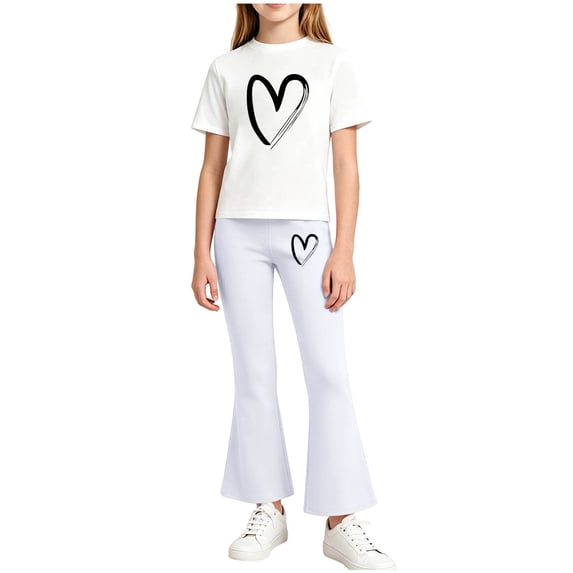 Juorvia Girls 2 Piece Outfits Summer Loose Fitted Crew Neck T-Shirts Micro Flare Elastic Waist Pants(2-3 Years,White1)