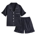 thumbnail image 1 of Juorvia Girls 2pc Matching Set Loungewear Stain Collared Button down T-Shirts Elastic Waist Ruffle Shorts(10-11 Years,Black), 1 of 6