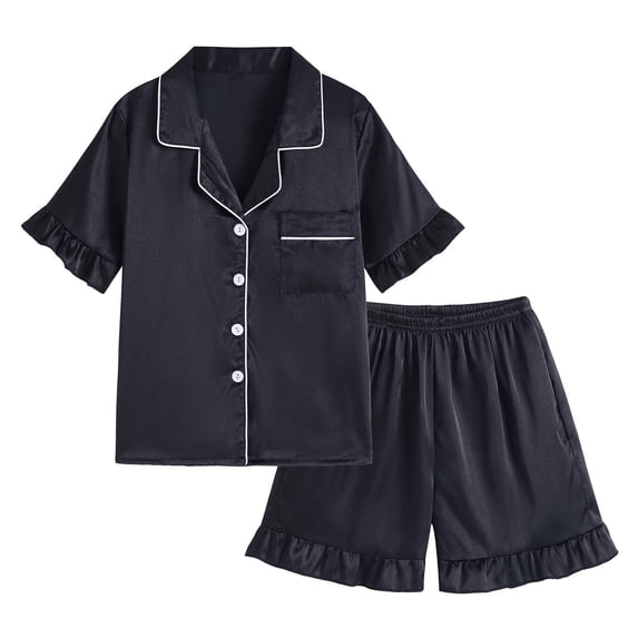 Juorvia Girls 2pc Matching Set Loungewear Stain Collared Button down T-Shirts Elastic Waist Ruffle Shorts(10-11 Years,Black)