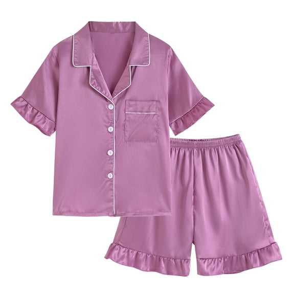 Juorvia Girls 2pc Matching Set Loungewear Stain Collared Button down T-Shirts Elastic Waist Ruffle Shorts(12-13 Years,Purple)