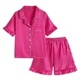 thumbnail image 1 of Juorvia Girls 2pc Matching Set Loungewear Stain Collared Button down T-Shirts Elastic Waist Ruffle Shorts(3-4 Years,Hot Pink), 1 of 6