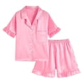thumbnail image 1 of Juorvia Girls 2pc Matching Set Loungewear Stain Collared Button down T-Shirts Elastic Waist Ruffle Shorts(6-7 Years,Pink), 1 of 6